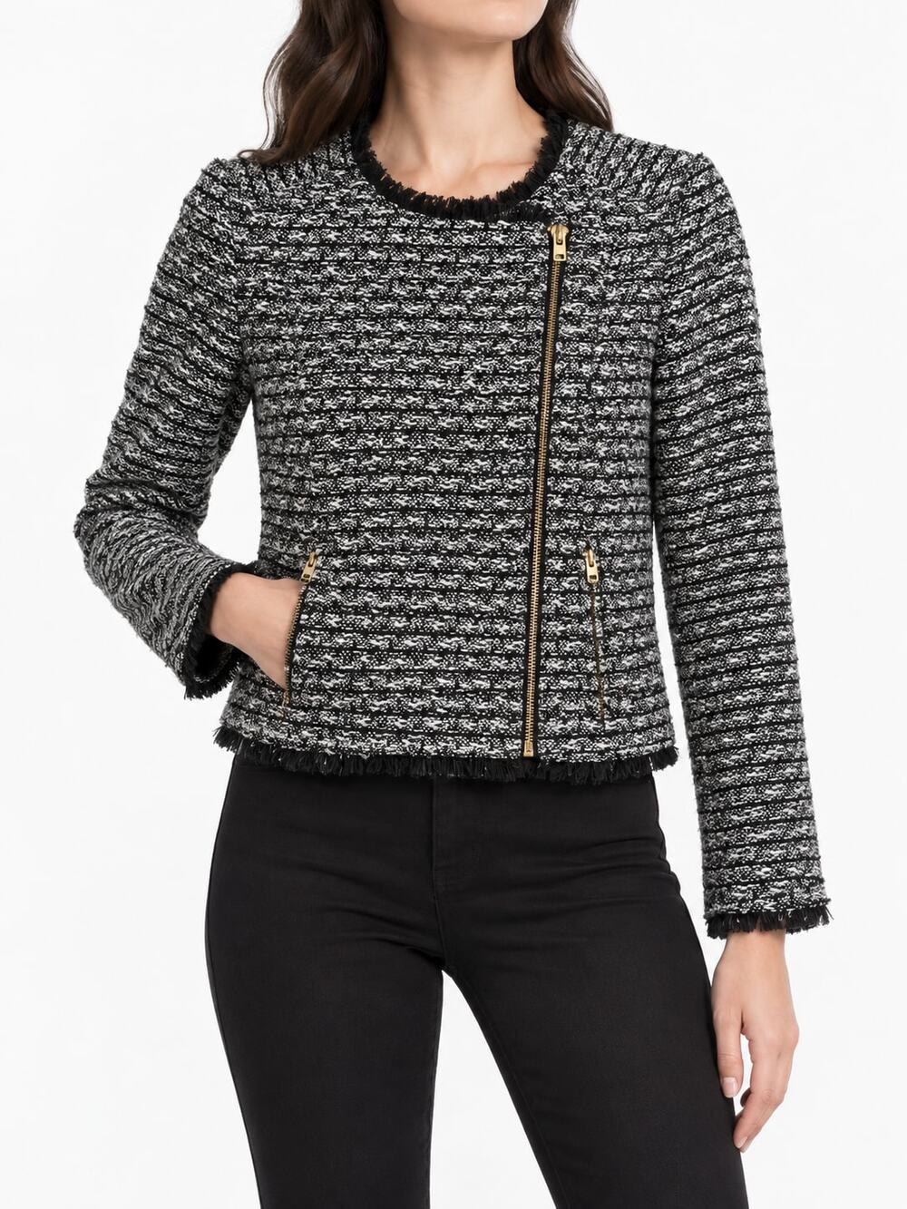 J.Crew Women's 00 Black White Tweed Moto Jacket Fringe Gold Full Zip Up Cropped